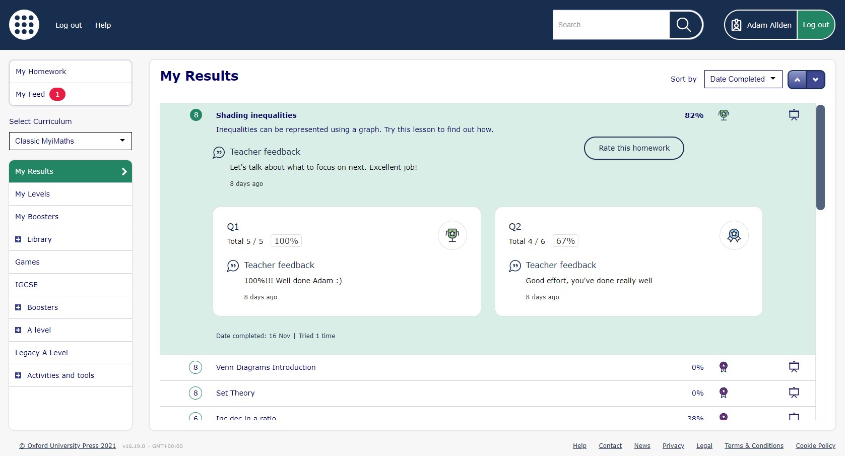 Secondary portal view of the results for a task, showing scores and feedback from the teacher