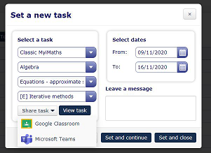 Share MyiMaths tasks with Google Classroom and Microsoft Teams